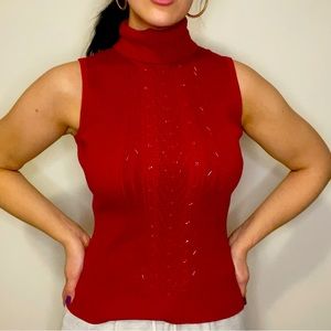 Sleeveless 90’s red turtleneck with center beading, small